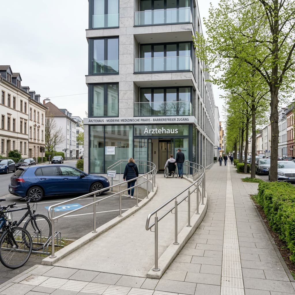 Barrierefreier Eingang einer modernen Arztpraxis mit Rampe