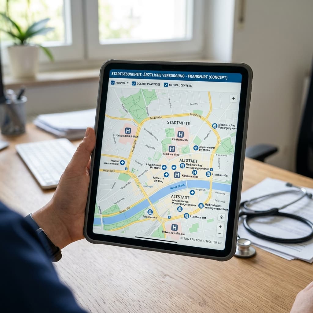 Tablet zeigt Gesundheitsversorgung mit Klinik- und Arztpraxis-Symbolen